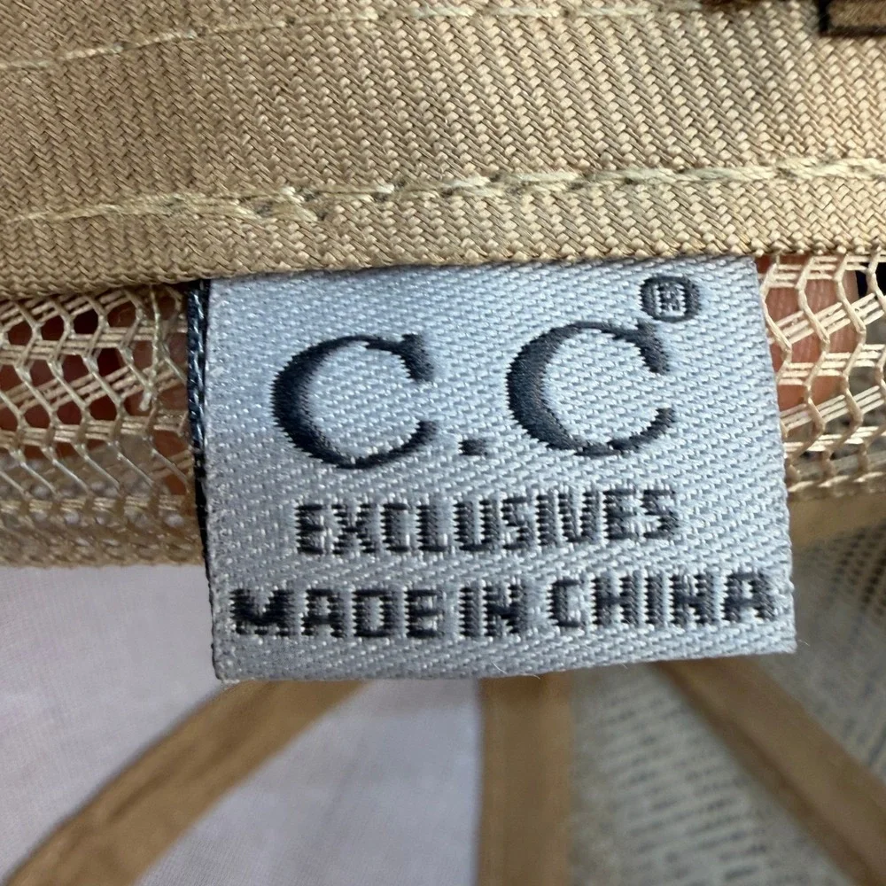 C.C Exclusives Happy Camper Tan Khaki Ponytail Mesh Back Trucker Hat Cap